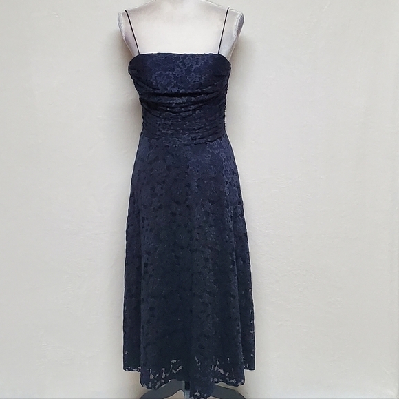 VINTAGE Eliza J Navy Blue Lace A-line Spaghetti Strap Padded Bustier Midi Dress - Picture 4 of 16